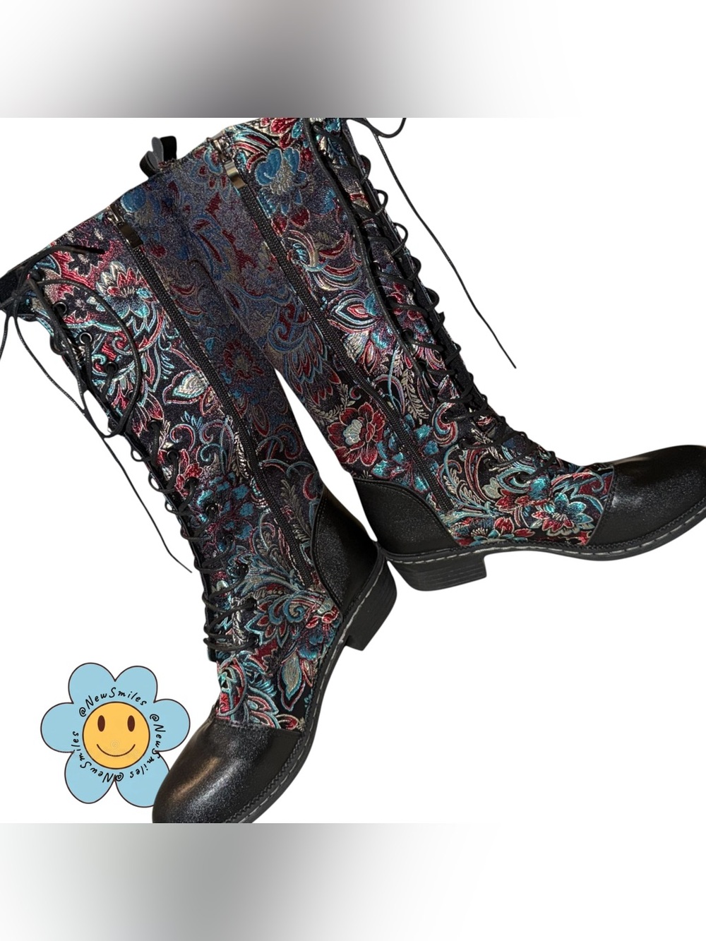 Embroidered Boots ~ Lace-Up ~ Knee Length ~ Zipper on Inside of Leg ~ Floral